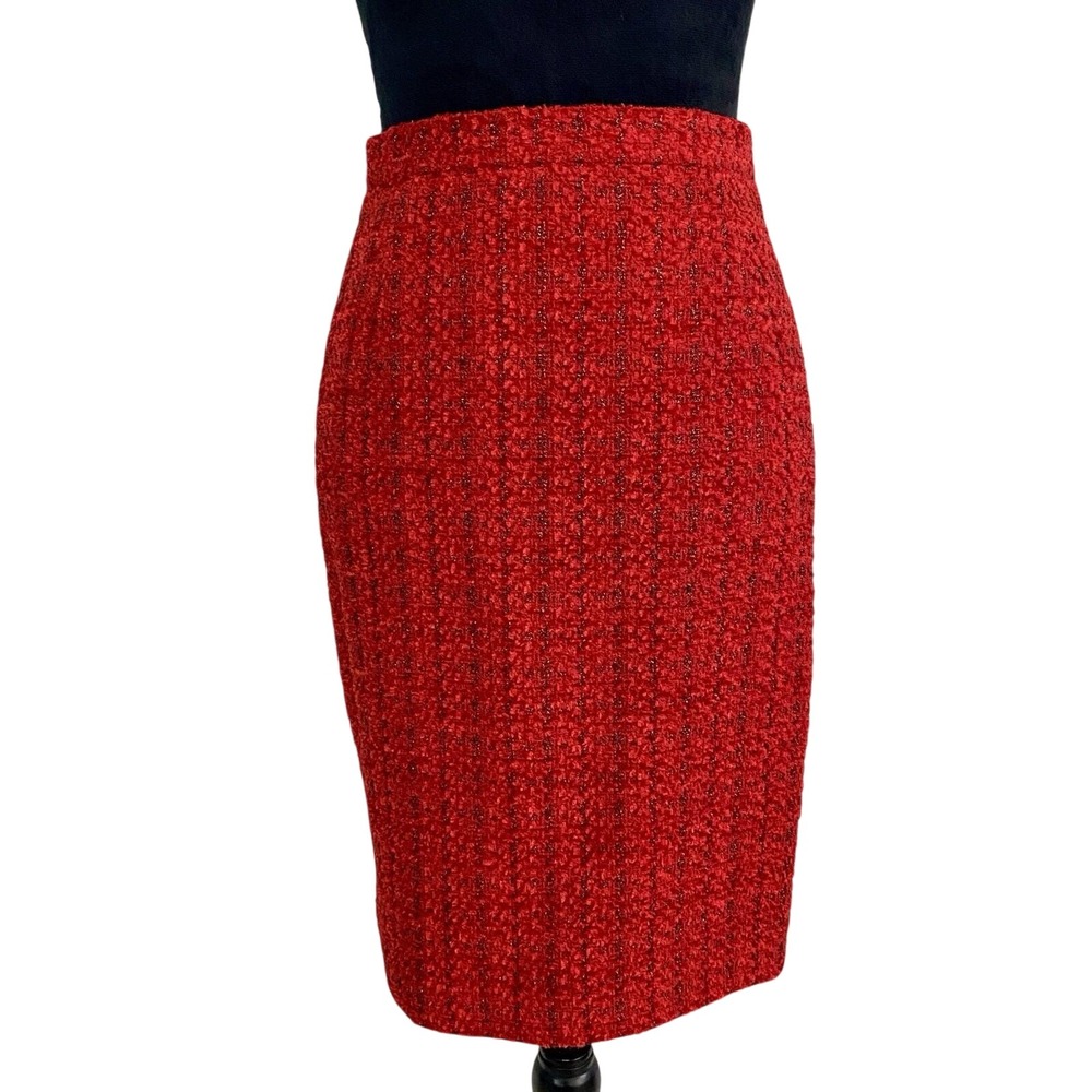Escada Margaretha Ley Red Wool Bouclé Pencil Skirt Metallic Shimmer Vintage